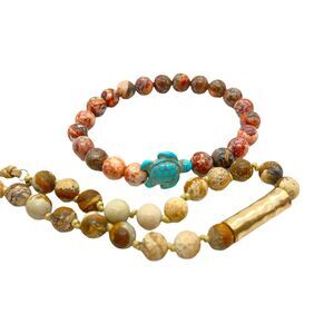 Wrap Necklace Belt And Stretch Turtle Bracelet Set Retro Fashion Jasper Stone